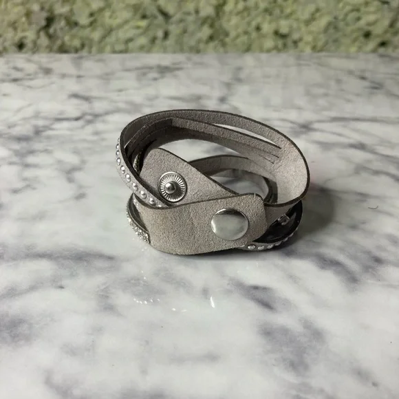 Grey Rhinestone & Rivet Faux Suede Wrap Bracelet - Picture 4 of 8